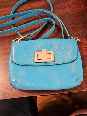 Rowallan Turquoise Blue Leather Crossbody with Gold Turn-Lock